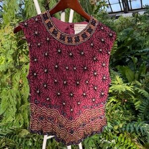Papell Boutique Burgundy and Gold Embellished Blouse
